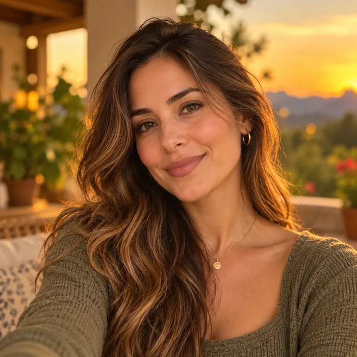 Retrato da Lara sorrindo na varanda ao pôr do sol