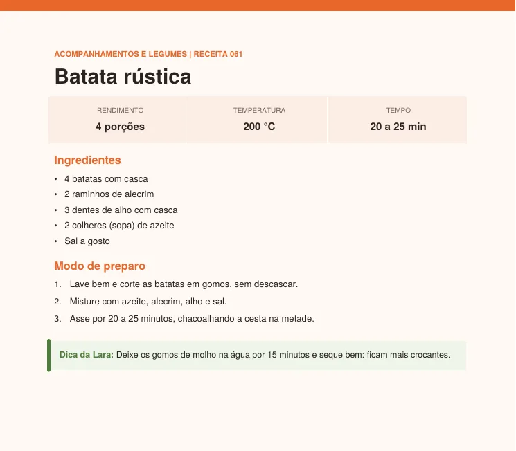 Página da receita de batata rústica