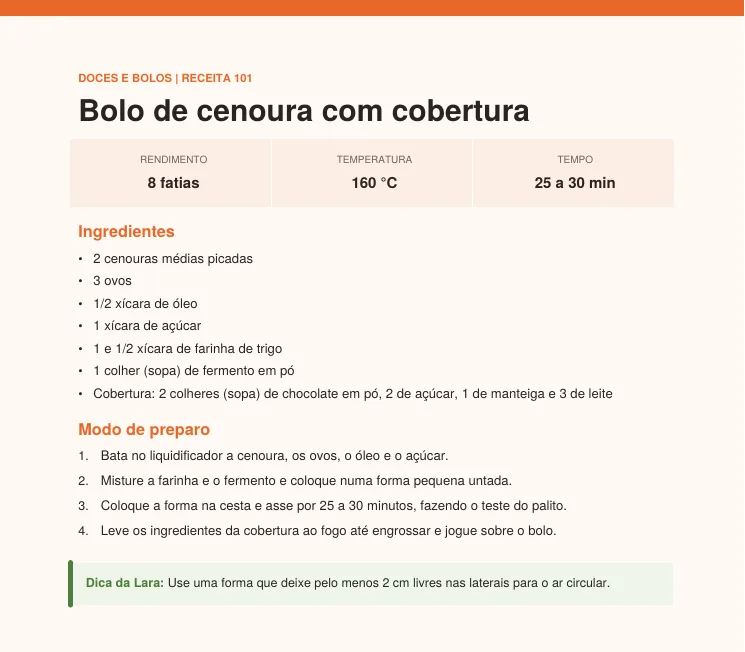 Página da receita de bolo de cenoura com cobertura