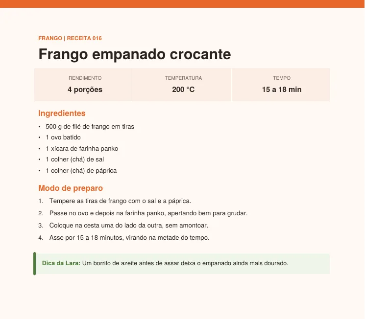 Página da receita de frango empanado crocante